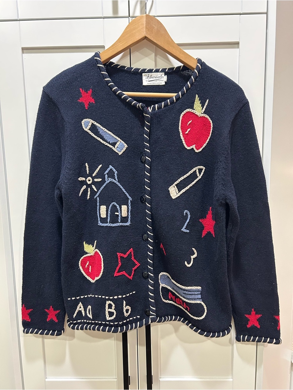 Vintage Navy School-Themed Button Cardigan Sweater size Medium - Picture 2 of 8